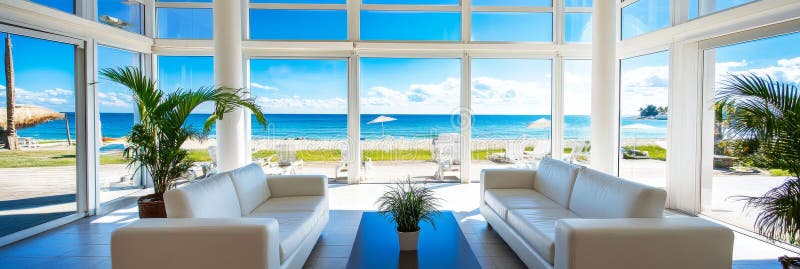 Океан View Luxury Lounge Расслабляющий белые диваны в современном лаундже с обширным видом на океан через окна на потолке бесплатная иллюстрация