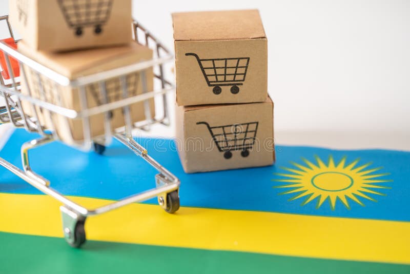 окно с логотипом корзины и флагом rwanda экспортирует товары через Интернет или магазин услуг по предоставлению финансовых услуг стоковые фотографии rf