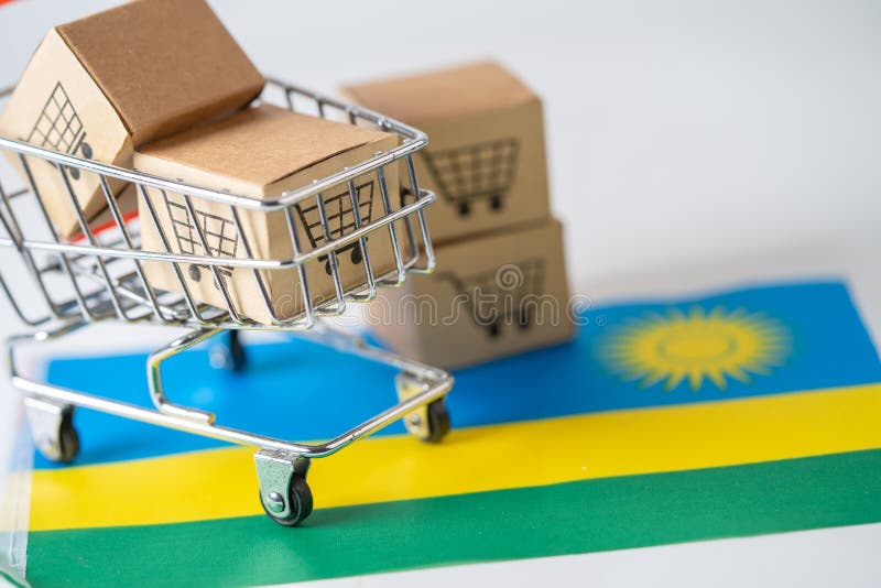 окно с логотипом корзины и флагом rwanda экспортирует товары через Интернет или магазин услуг по предоставлению финансовых услуг стоковое изображение