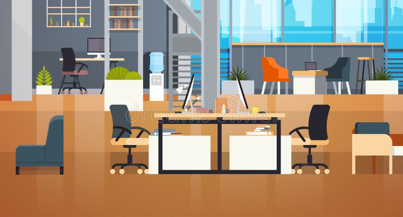 Окружающая среда рабочего места Coworking офиса Coworking внутренняя современная разбивочная творческая иллюстрация вектора