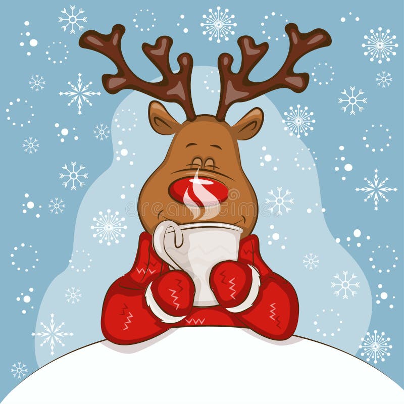 Christmas card with cartoon deer. It`s holds a mug of hot tea in his hands. Vector for you design. Transparency is not used. Christmas card with cartoon deer. It`s holds a mug of hot tea in his hands. Vector for you design. Transparency is not used.