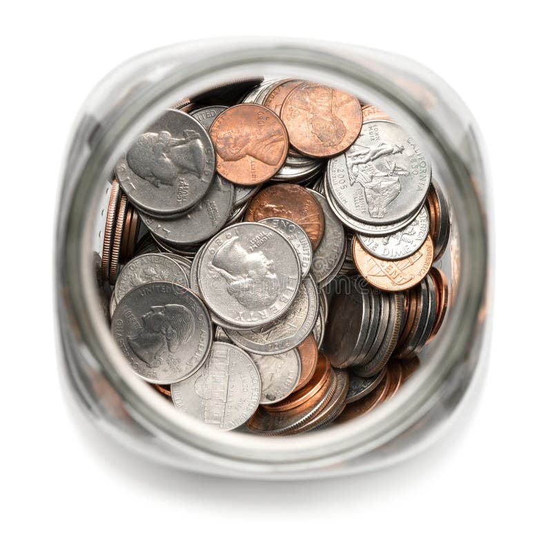 Glass Jar Filled with American Coins. Glass Jar Filled with American Coins