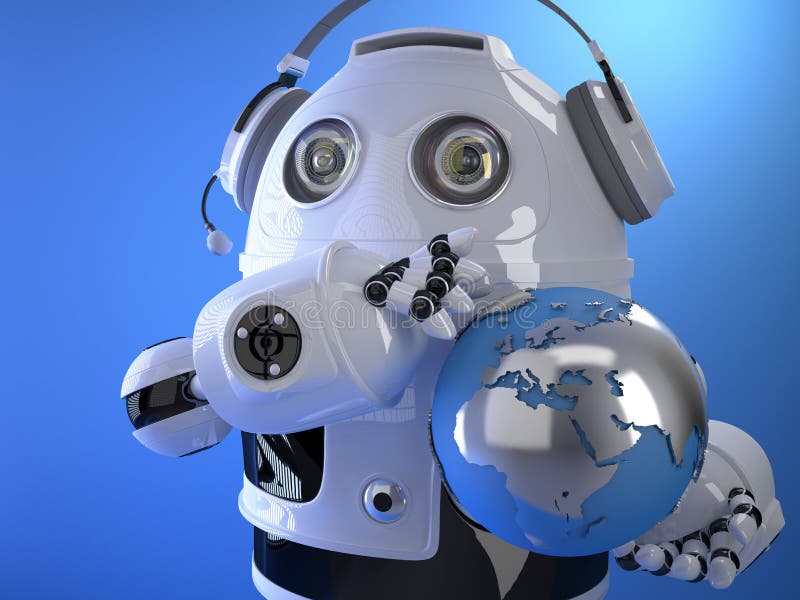 Оператор робота в шлемофоне с глобусом Концепция поддержки Globall C иллюстрация штока Оператор робота в шлемофоне с глобусом Концепция поддержки Globall C иллюстрация штока