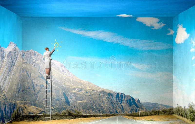 Businesswoman standing on ladder drawing sun on wall. Businesswoman standing on ladder drawing sun on wall