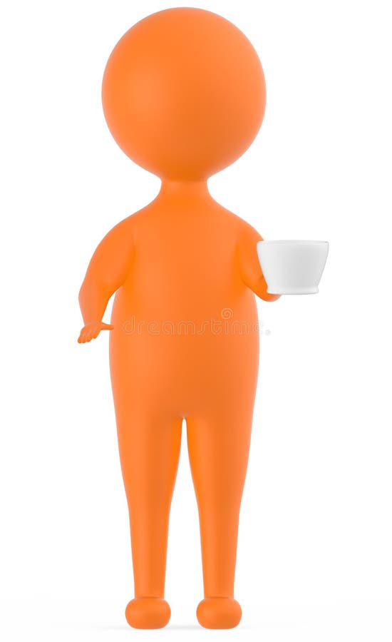 оранжевый характер 3d стоя и держа чашка чая перевода coffe -3d его рукой иллюстрация вектора