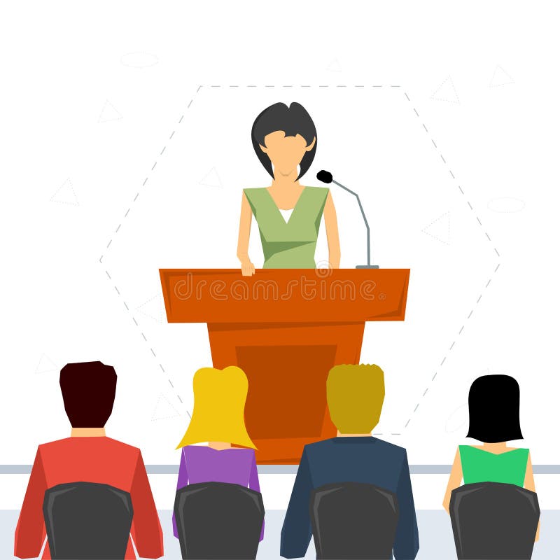 Vector concept public speaking and business conference. Woman orator speaking from tribune and listeners in auditorium on chairs. Flat style. Web infographics. Vector concept public speaking and business conference. Woman orator speaking from tribune and listeners in auditorium on chairs. Flat style. Web infographics