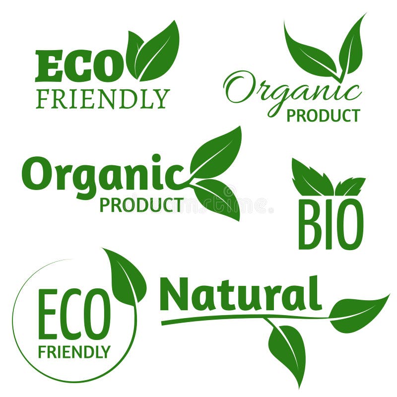 Органические логотипы вектора eco с зелеными листьями Био дружелюбные ярлыки продуктов с лист иллюстрация вектора