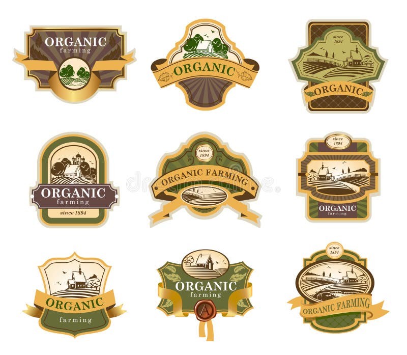 Vector labels for Organic farming products with rural landscapes. Vector labels for Organic farming products with rural landscapes.