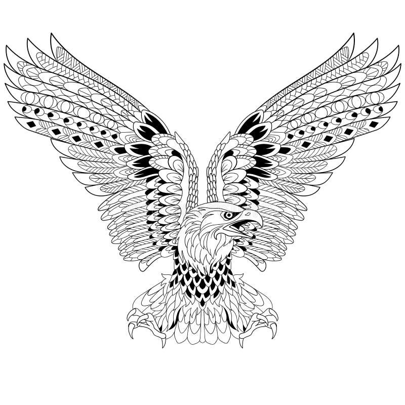 Zentangle stylized cartoon eagle, isolated on white background. Sketch for adult antistress coloring page. Hand drawn doodle, zentangle, floral design elements for coloring book. Zentangle stylized cartoon eagle, isolated on white background. Sketch for adult antistress coloring page. Hand drawn doodle, zentangle, floral design elements for coloring book.