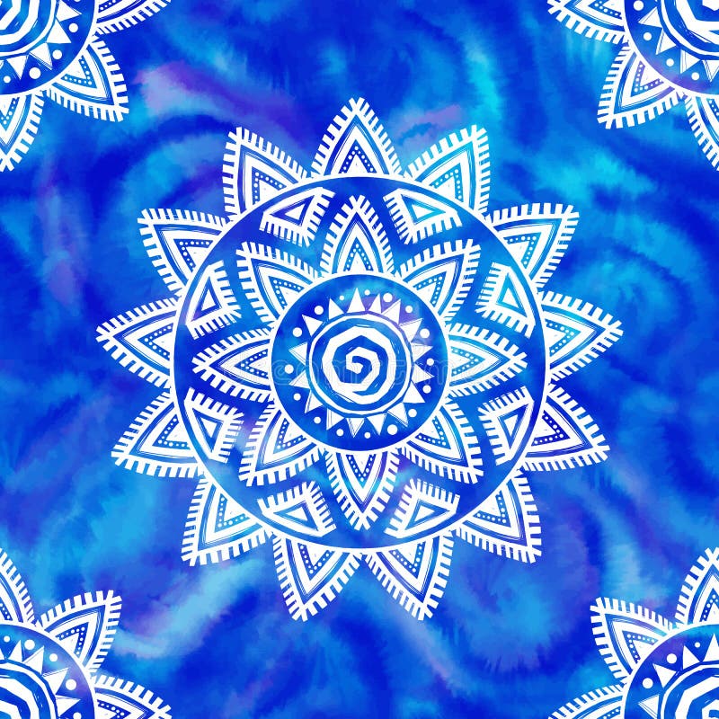 Орнамент shibori стиля Boho белый племенной на картине голубого вектора предпосылки акварели безшовной иллюстрация вектора Орнамент shibori стиля Boho белый племенной на картине голубого вектора предпосылки акварели безшовной иллюстрация вектора