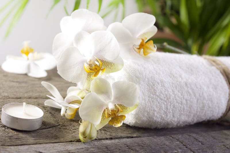 Orchids and towel on wooden boards spa concept. Orchids and towel on wooden boards spa concept