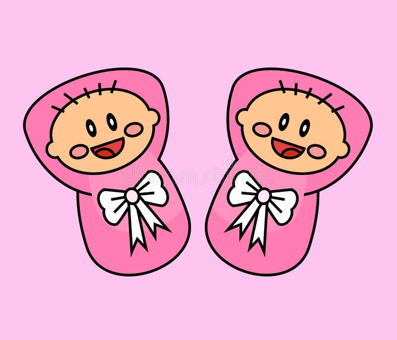 Two happy babies on a pink background. Twin girls.