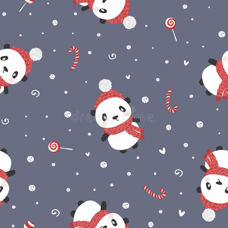 Happy cartoon panda with candys. Character christmas panda. Happy Chinese New Year. Cute seamless pattern.