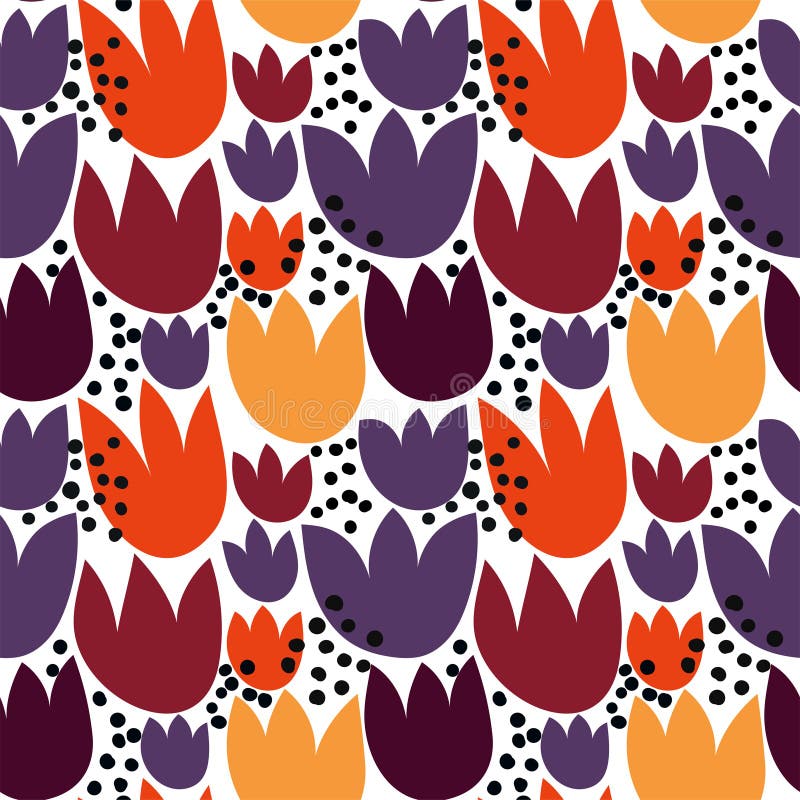 Creative seamless pattern with Tulip flowers and dots on a white background. Colorful floral print in a simple hand-drawn style.