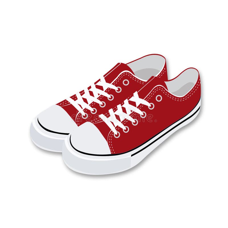 A pair of red textile sneakers with rubber toe and lacing. Hand print with outline. Shoes for sports and recreation.