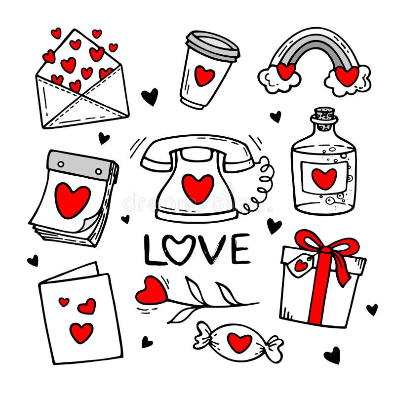 Valentine`s day theme poster. Love doodles elements. Cute hand drawn set of icons with hearts, letter, coffee, gift, potion, phone