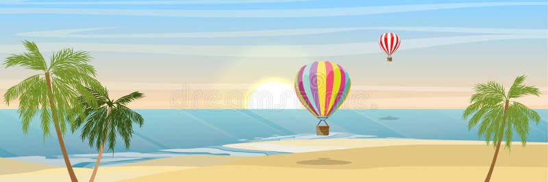 Island in the ocean, a sandy beach and coconut trees. Two flying balloons. Waves, sea, sea foam. Summer seaside vacation and trave