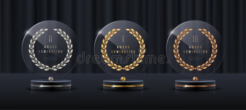 Glass award trophy set. Transparent prize template with golden laurel wreath. Winner first place concept.