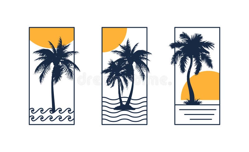 Set of summer posters with palm tree silhouette, sun and line waves. Vintage minimalistic banner, label or t-shirt design