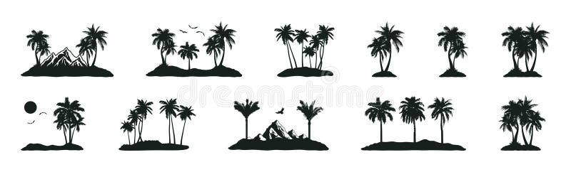 Silhouettes of tropical landscape with palm trees, mountains, sun and birds