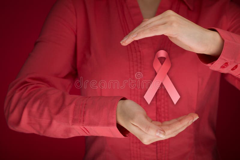 Breast cancer awareness - woman with protective and support gesture and pink ribbon. Breast cancer awareness - woman with protective and support gesture and pink ribbon.