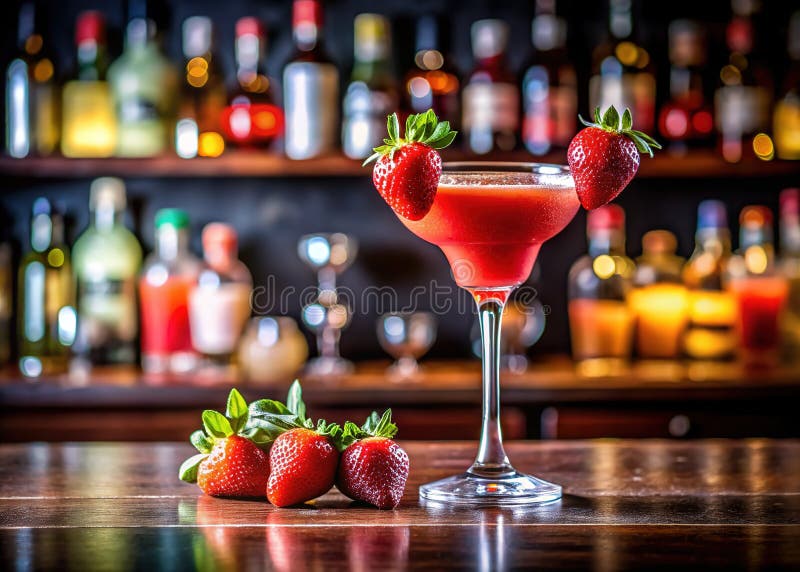 Освежающий клубничный Daiquiri - яркий летний коктейль, готовый охладить вас на шикарном барном счетчике бесплатная иллюстрация