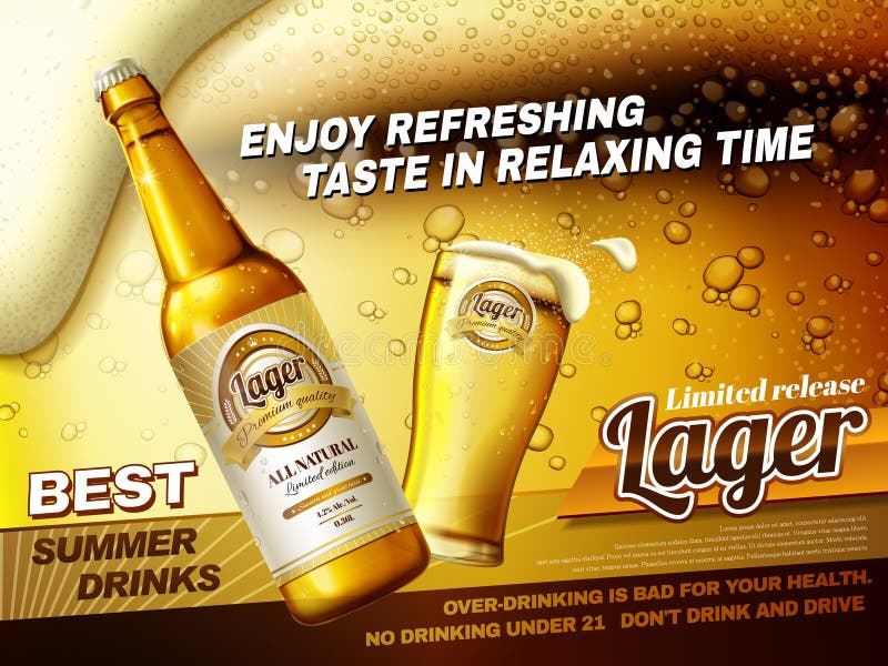 Refreshing lager beer ads, best summer drink ads with glass beer cup and bottle isolated on fizzy beer background in 3d illustration. Refreshing lager beer ads, best summer drink ads with glass beer cup and bottle isolated on fizzy beer background in 3d illustration