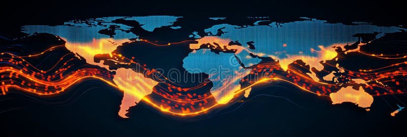 Освещенная карта мира с глобальной энергией или цифровыми подключениями потока данных. иллюстрация штока