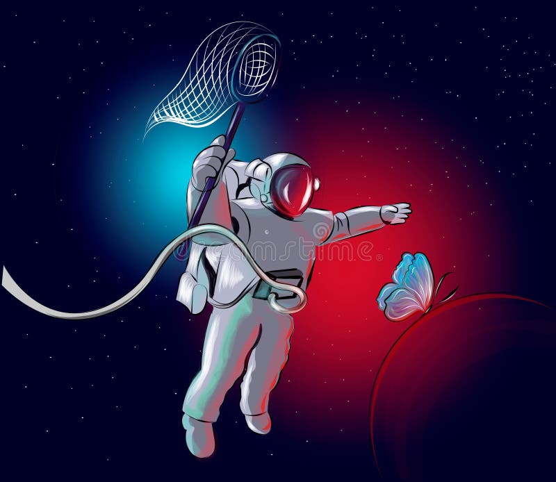 Cosmonaut is chasing a butterfly. stock illustration Cosmonaut is chasing a butterfly. stock illustration