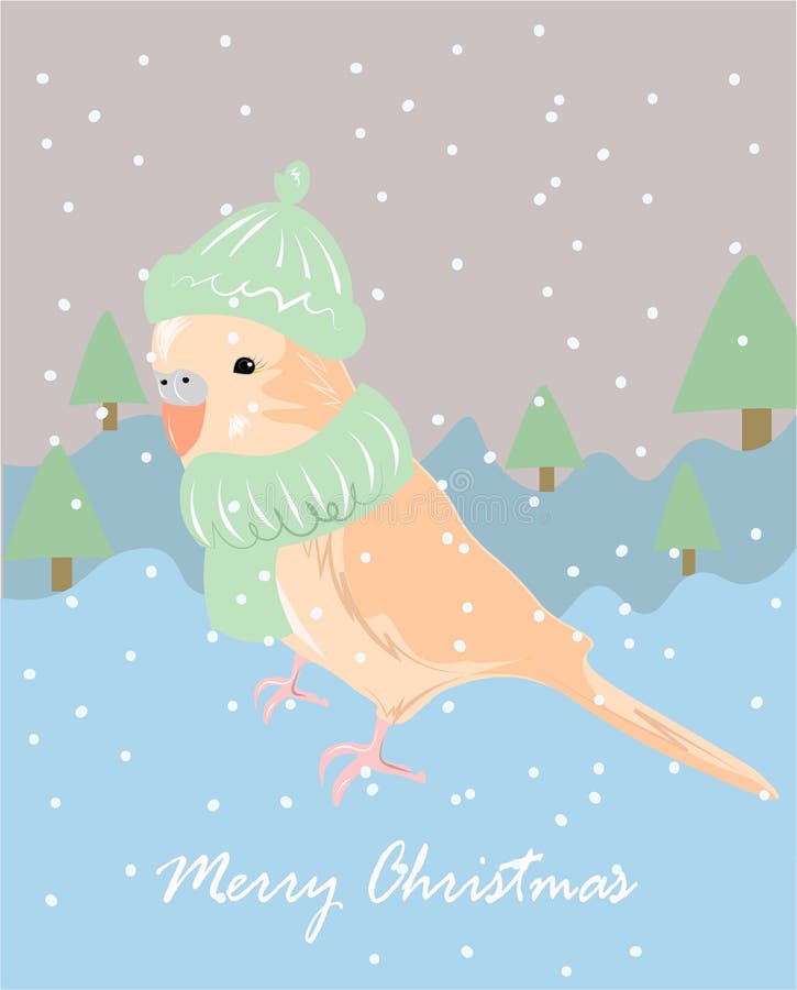 Winter paysage with a budgerigar . Cute merry Christmas poster design with vector parrot in scarf vector illustration Winter paysage with a budgerigar . Cute merry Christmas poster design with vector parrot in scarf vector illustration