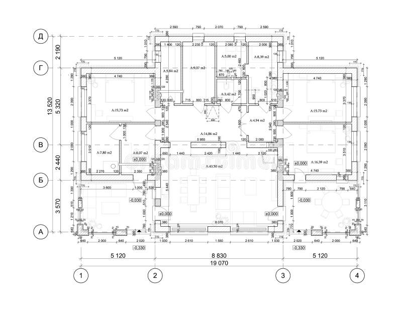 Detailed architectural private house floor plan, apartment layout, blueprint. Vector royalty free illustration