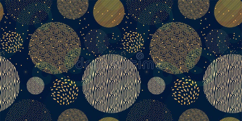Golden circles on a dark blue background. Chinese seamless pattern with abstract geometric shapes. Different textured circles. vector illustration