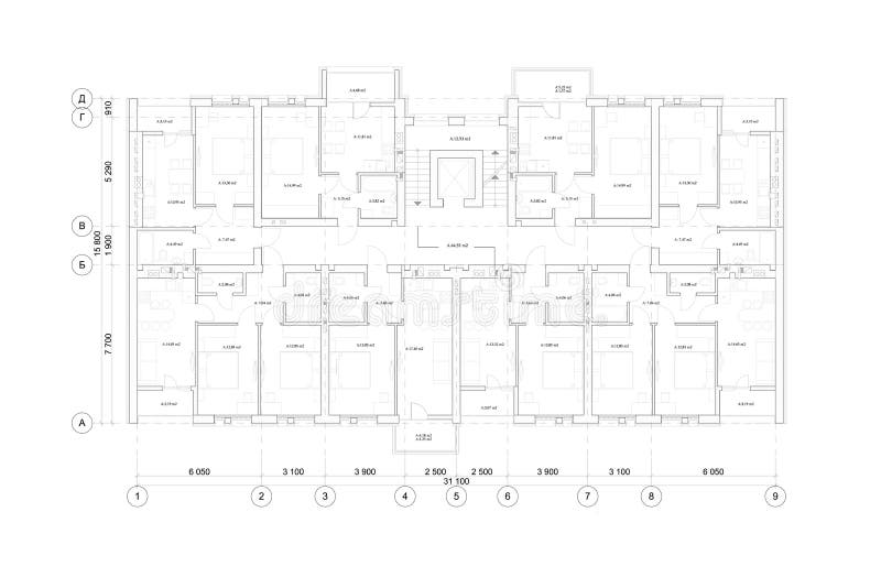 Multistory building floor plan, detailed architectural technical drawing, vector blueprint vector illustration
