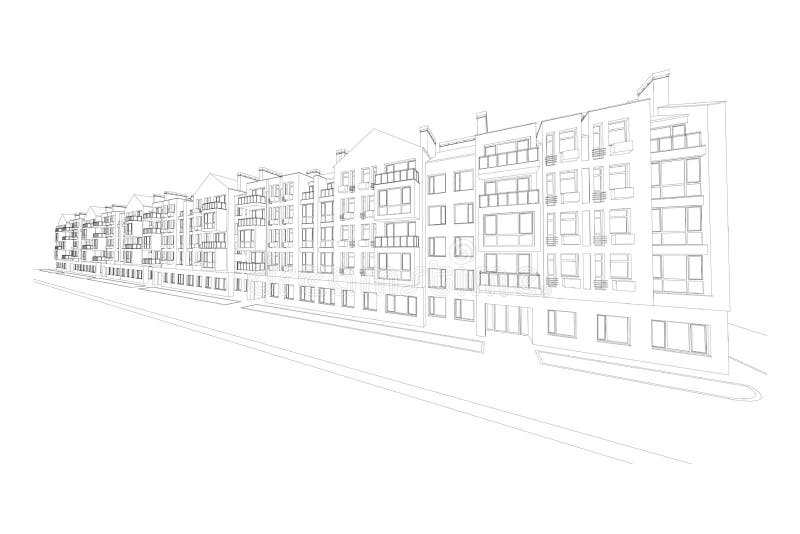 Multistory building facade, detailed architectural technical drawing, vector blueprint stock illustration