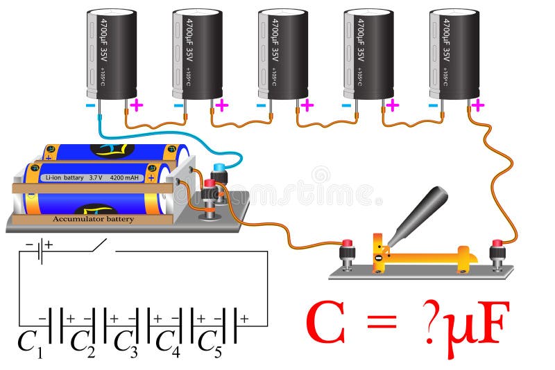 The physical problem, the electrical circuit of the series connection of capacitors, you need to calculate the total capacity of the capacitor bank.