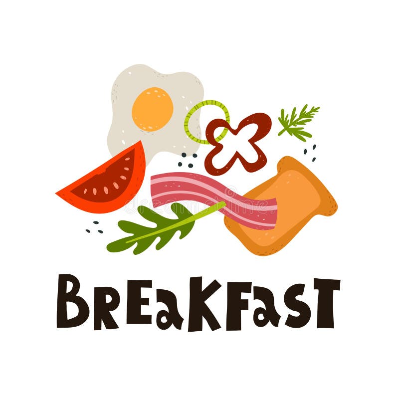 Breakfast. Cartoon Food, Hand Drawing Lettering, Decor Elements. Colorful Vector Illustration