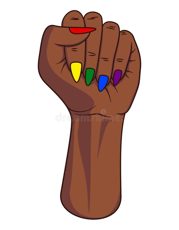 Afro american or african pride fist. Female arm raised with rainbow colored finger nails. Isolated on white background. Unity. And equality for people of all royalty free illustration