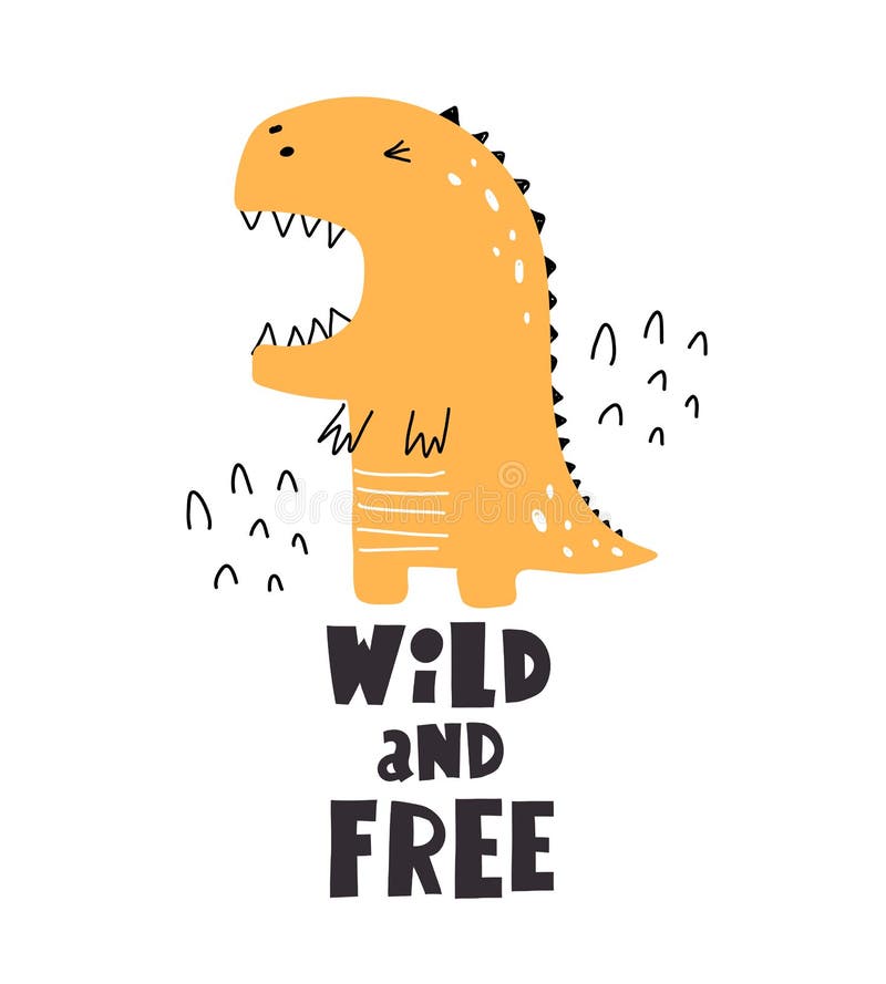 Cartoon dinosaur, hand drawing lettering, decorative elements. flat style, colorful vector for kids. vector illustration