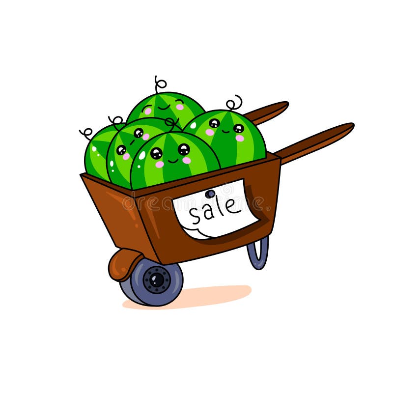 Cute Kawaii Watermelons in Wheelbarrow with Inscription Sale. Stock Vector Illustration of