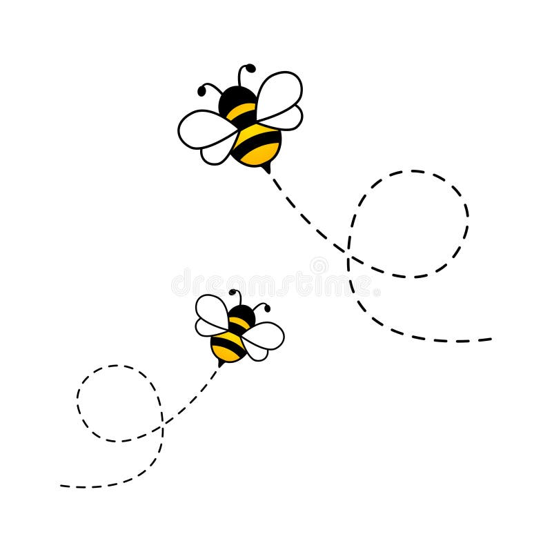 Bees flying on dotted route. Cute bumblebee characters