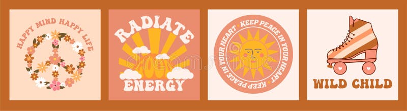 70s inspired retro hippie graphic set for T-shirt, posters, cards, stickers, social media post. royalty free illustration