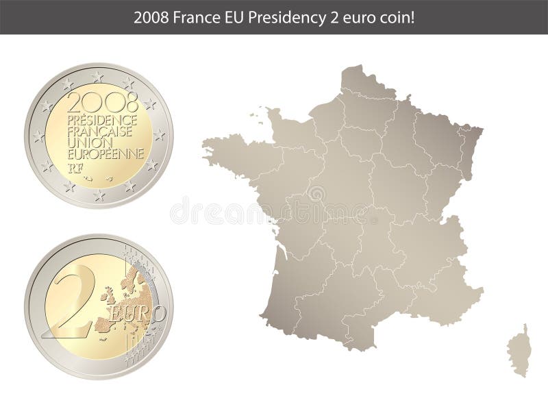 France. 2 Euro coin. French Presidency of the Council of the European Union. Reverse and obverse of France two euro coin. 2 Euro coin, isolated on the background of a map of France.