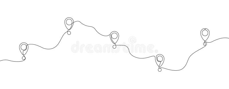 Continuous one line drawing of map location pointers. Map pin or navigation pointer with single line route or way. Vector vector illustration