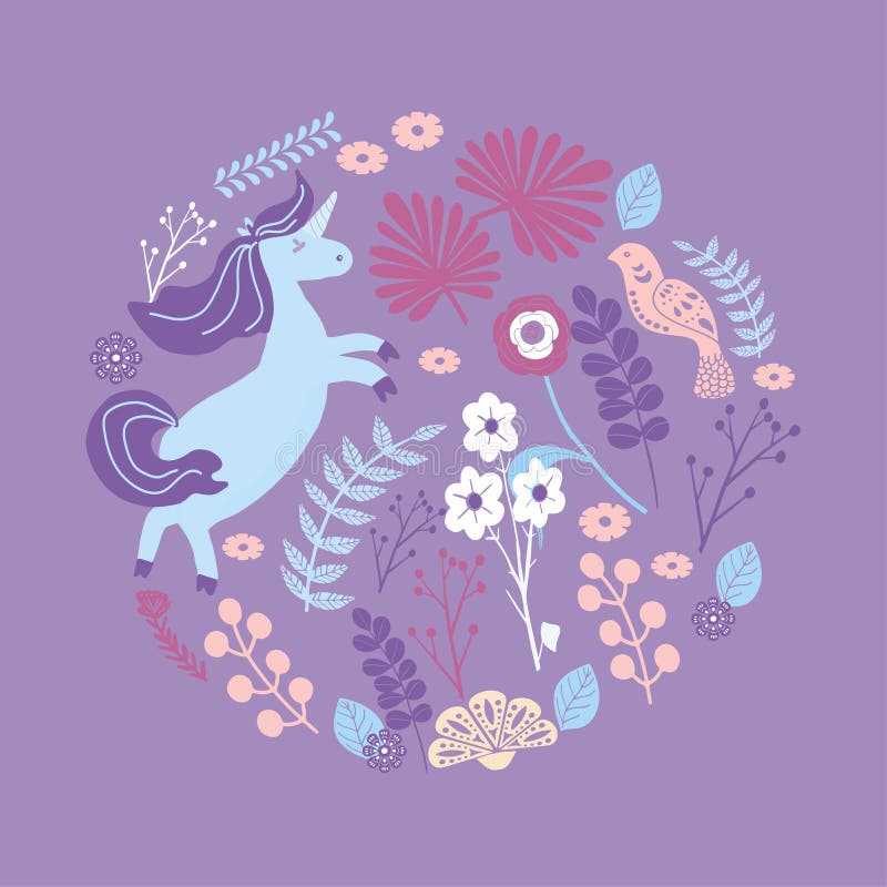 Cute magic Unicorns on a floral background. Romantic hand drawing illustration royalty free illustration.