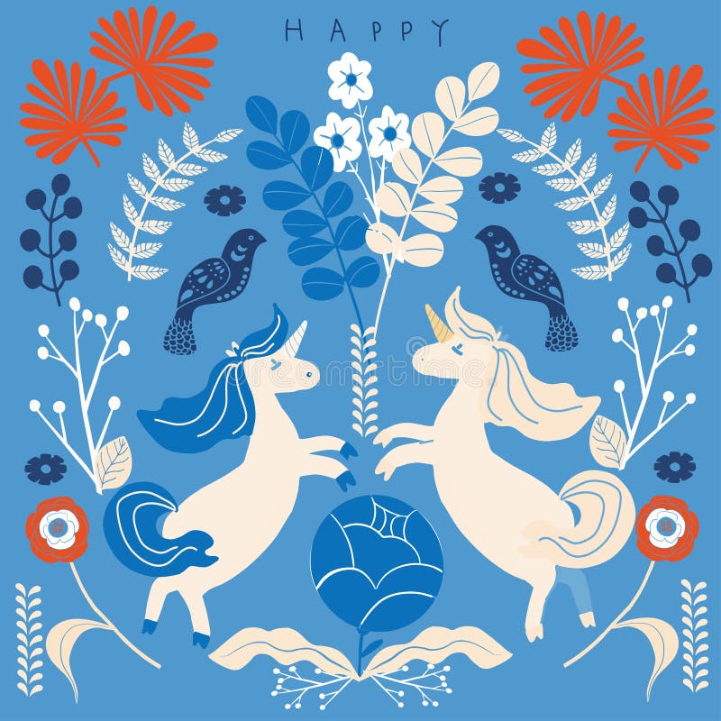 Cute magic Unicorns on a floral background. Romantic hand drawing illustration stock illustration.