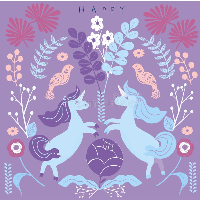 Cute magic Unicorns on a floral background. Romantic hand drawing illustration stock illustration.
