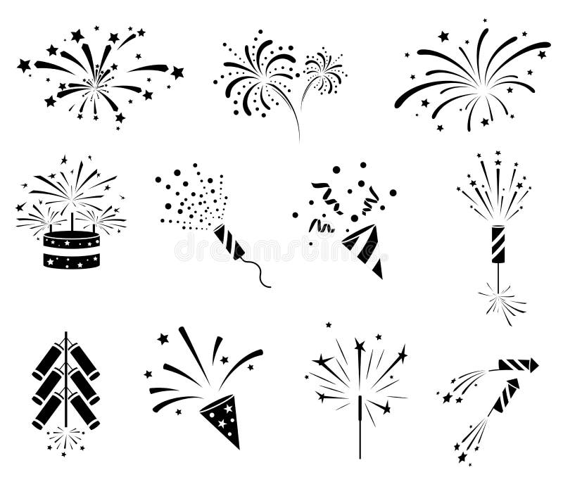 Firework icon set. Firecracker, petard and stars. Happy New year, Holiday and party firework icons collection. royalty free illustration.