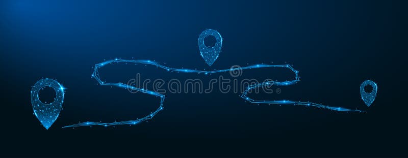 Map location pointers, low poly design. Map pin or navigation pointer with route or way. vector illustration
