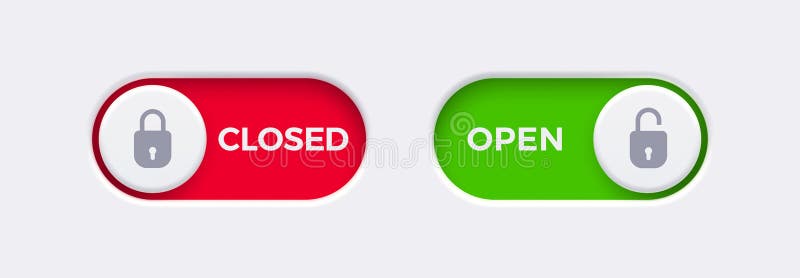 Open and Closed toggle switch buttons with open lock and closed lock icon. Material design switch buttons set. stock illustration