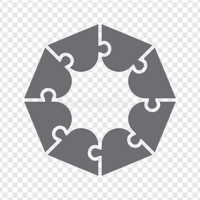 Simple icon polygonal puzzle in gray. Simple octagon puzzle of eight pieces on transparent background. vector illustration.